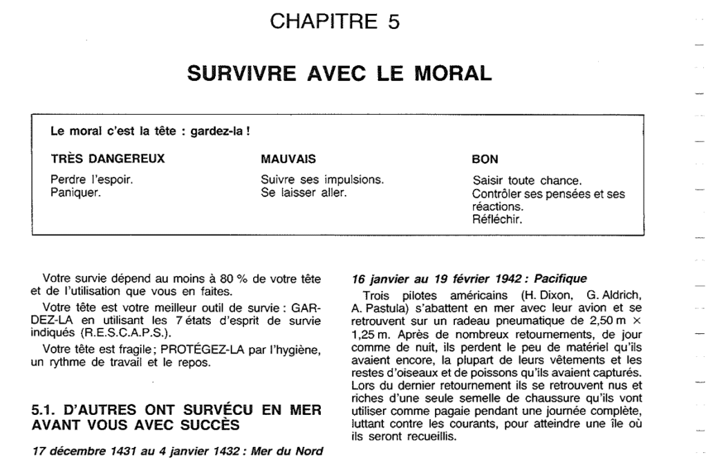 Une page extraite d'un manuel de survie en haute mer. Celle ci indique comment "survivre avec le moral", et donne pour l'exemple d'une expédition qui a pu sauver sa peau en utilisant une tong comme rame
